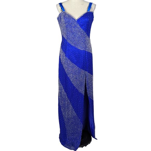 Jazz Couture Designs by Adagio Bella Long Silk Beaded Formal Gown Blue Size 14 - Picture 1 of 16
